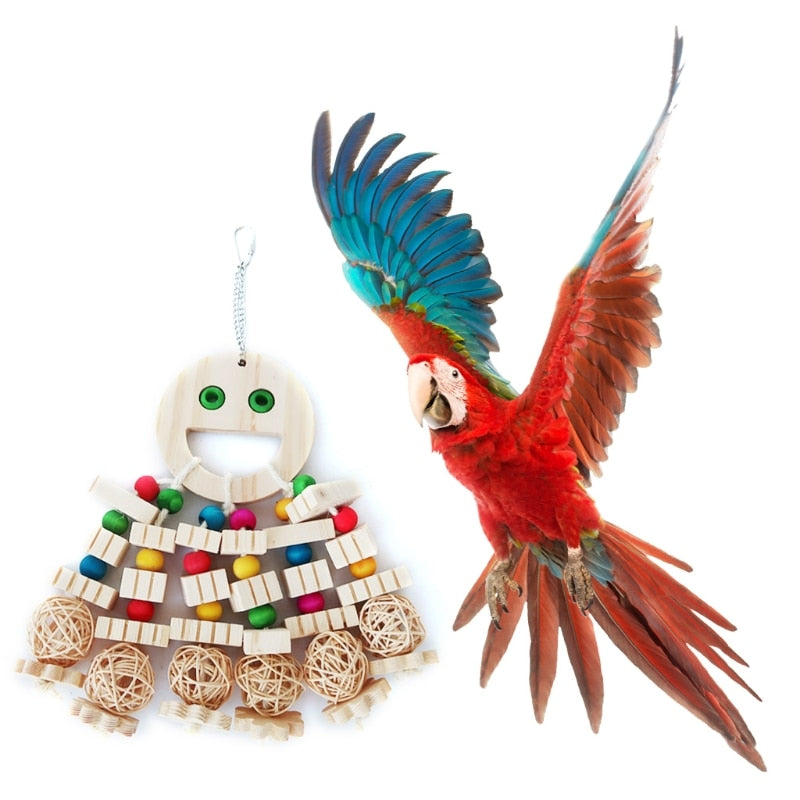 Smiley Wood Blocks Chew Rattan Balls Bird Toys