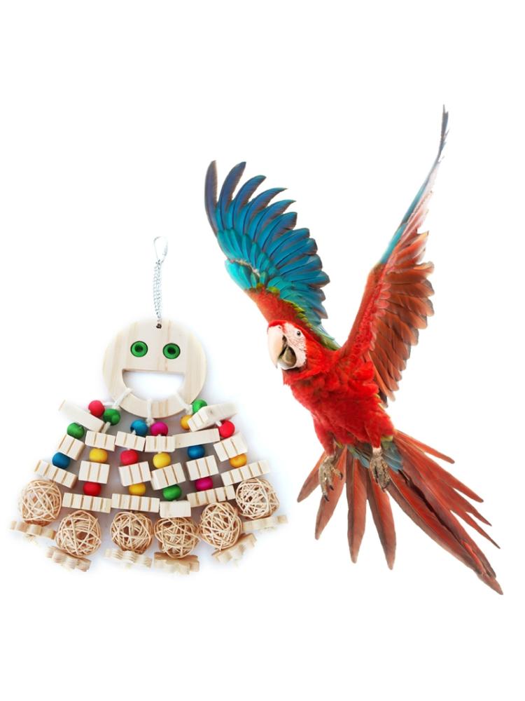 Smiley Wood Blocks Chew Rattan Balls Bird Toys